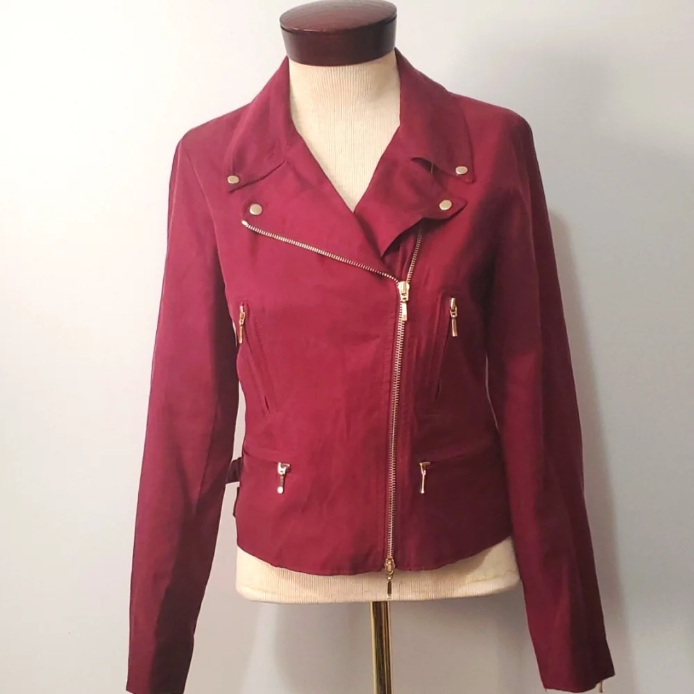 CLUB MONACO burgundy lightweight moto jacket. Size small - Picture 1 of 11